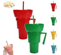 Generico Snack and Drink Cup Combo, Bowl and Drink Cup Combo, 2-In-1 Snack Cups And Drinks Tumbler, Reusable, Popcorn Cups with Handle, for Men, Women (Red+Green)