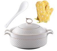 Generico Soup Tureen Ceramic,1.5L Round Bowl with Gold Border Double Handle,Large Capacity Ceramic Serving Soup Bowl with Lid And Spoon Set for Pasta
