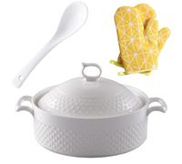 Generico Soup Tureen Ceramic,1.5L Round Bowl with Gold Border Double Handle,Large Capacity Ceramic Serving Soup Bowl with Lid And Spoon Set for Pasta