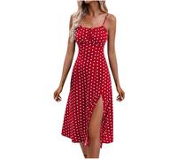 Generico Spaghetti Strap Summer Dresses, Women's Spaghetti Strap Floral Dress Sleeveless Slit Hem Bodycon Long Dress, Ladies Summer Stretch Square Neck Camisole Strappy (Red,S)