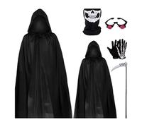 Genérico Spargimento Halloween - Mantello nero 5 pezzi set guanti scheletro, falce e maschera rosso brillante | Versatile per bambini adolescenti adulti, cosplay, feste a tema,