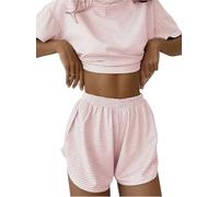 Generico Split Short Pajama Set,Womens Striped Sleepwear Set,Two Piece Set Crew Neck Short Sleeve Tee And Side Split Shorts
