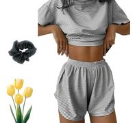 Generico Split Shorts Pajamas for Women, 2 Piece Short Split, Loose-Fitting Knitted Striped Women's Split Short Pajama Set (Black,M)