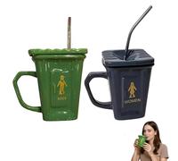 Generico Squatting Toilet Shape Ceramic Mug, Funny Squat Toilet Mug with Straw, Unique Gag Gift Water Cup,Unique Desk Decor Drinking Mugs for Office,Home,Parties and Prank Lovers Gift (Green+Gray)