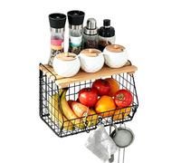 Generico Stackable Iron Basin, Vertical Wire Organizing Bin, Sorting with Wooden Feature, Heavy Duty Storage Equipment, Hanging Mesh Unit with Natural Style, Fruit Snacks Basket for Under Sink
