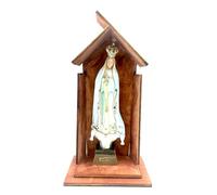 Generico Statua della Madonna di Fatima da 21 cm, Polistirene, Vestito Decorato con Strass, Nicchia in Legno di colore Mogano, Prodotta Artigianalmente in Italia