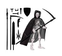 Genérico Statuetta giocattolo scheletrica da 13 cm, statua giocattolo con teschio per la decorazione della casa, con set e mantello, strumento di battaglia, kit di montaggio per una libreria