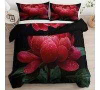 Generico Stile Fotografico Copripiumino 180 x 220 cm Morbida Microfibra Parure Copripiumino, Pianta Peonia Rossa Stampa Nero di Biancheria da Letto per Giovani e Adulti con due Federe
