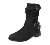 Generico Stivaletti Anfibi Biker Motociclista Arricciati Caviglia Con fibia Da Donna Elegante Neve Pioggia Festival,Caldo Stivali di Gomma,Ankle Boots Antiscivolo Piatte