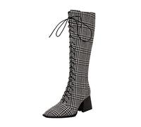 Generico Stivaletti Donna con Stampa Leopardo Punta a Punta Lacci Anteriori Cerniera Laterale Tacco Spesso Alto Altezza Alta Stile Cavaliere Scarpe Alte Donna per Look Audace(White, 37)