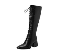 Generico Stivaletti Donna con Stampa Leopardo Punta a Punta Lacci Anteriori Cerniera Laterale Tacco Spesso Alto Altezza Alta Stile Cavaliere Scarpe Alte Donna per Look Audace(Black, 38)