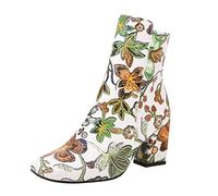 Generico Stivali Polpaccio Donna Autunno Inverno Elegante Stampa Ricamata Retro Tacco Spesso Punta Rotonda Cerniera Comoda (Green, 42)