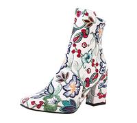 Generico Stivali Polpaccio Donna Autunno Inverno Elegante Stampa Ricamata Retro Tacco Spesso Punta Rotonda Cerniera Comoda (White, 38)
