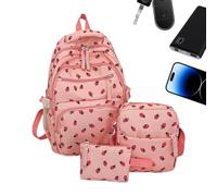 Generico Strawberry Bookbag, Backpack Set, Adjustable Straps 3 Piece Lightweight With Shoulder Pouch & Pen Purse, School Bag for Preschool, Daily Commute, Outdoor Trips, Kindergarten and Camping