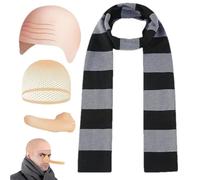 Generico Striped Scarf Halloween Costume Set, 4pcs Bald Wig Hat with Fake Nose and Head Net, Funny Party Headwear Accessories onHalloween Cosplay Dress Up, Costumes Prank Props for Adults Kids