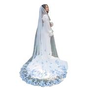 Generico Stunning Blue 3D Floral Outdoor Wedding Veil with Comb - Long Cathedral Tulle Bridal Accessory