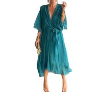 Generico Stylish And Elegant V-Neck Maxi Dress Summer Batwing Sleeve Irregular High Waist Chiffon Maxi Dress for Women (Light Blue,4XL)