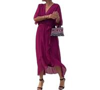 Generico Stylish And Elegant V-Neck Maxi Dress Summer Batwing Sleeve Irregular High Waist Chiffon Maxi Dress for Women (Purple-Red,S)