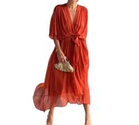 Generico Stylish And Elegant V-Neck Maxi Dress Summer Batwing Sleeve Irregular High Waist Chiffon Maxi Dress for Women (Orange,M)