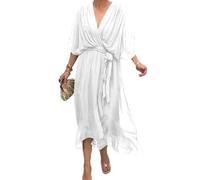 Generico Stylish And Elegant V-Neck Maxi Dress Summer Batwing Sleeve Irregular High Waist Chiffon Maxi Dress for Women (White,3XL)