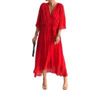 Generico Stylish And Elegant V-Neck Maxi Dress Summer Batwing Sleeve Irregular High Waist Chiffon Maxi Dress for Women (Red,5XL)