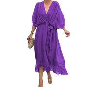 Generico Stylish And Elegant V-Neck Maxi Dress Summer Batwing Sleeve Irregular High Waist Chiffon Maxi Dress for Women (Purple,4XL)