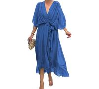 Generico Stylish And Elegant V-Neck Maxi Dress Summer Batwing Sleeve Irregular High Waist Chiffon Maxi Dress for Women (Blue,M)