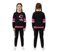 Generico Stylish Girls' Black & Pink Tracksuit Set - Long Sleeve Top with Lip Print & Matching Pants - Casual & Comfy (12year)