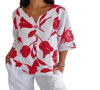 Generico Subsistenceed Printed Linen-Cotton V-Neck Pullover Shirt, Women Loose Fit Button Down (Red,XL)