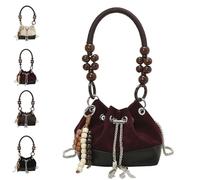 Generico Suede Beaded Drawstring Bucket Bag, Trendy Versatile Lightweight Handbag, Trendy Bucket Bag Brown Purse for Fall (Red)