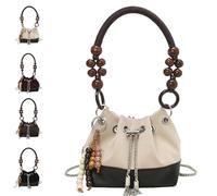 Generico Suede Beaded Drawstring Bucket Bag, Trendy Versatile Lightweight Handbag, Trendy Bucket Bag Brown Purse for Fall (White)