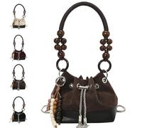 Generico Suede Beaded Drawstring Bucket Bag, Trendy Versatile Lightweight Handbag, Trendy Bucket Bag Brown Purse for Fall (Brown)