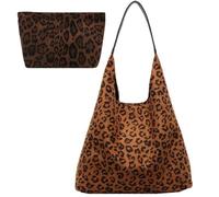 Generico Suede Leopard Print Shoulder Bag for Women, Slouchy Vintage Large Capacity Handbag, Soft Comfortable Casual Underarm Bag