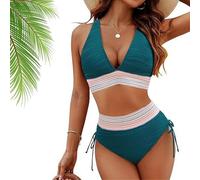 Generico Sunny Salty Bikini Set,Women High Waisted Bikini Sets,Tummy Control V-Neck,Color Block 2 Piece Drawstring Bathing Suit (19,XL)
