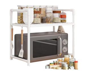 Genérico Supporto per microonde da cucina a microonde, Scaffale di stoccaggio a più strati con ganci laterali | Griglia in acciaio anti--remo rimovibile senza perforazione, risparmio di spazio