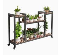 Generico Supporto per Piante in Metallo con Ruote, Carrello Porta Piante Robusto e Mobile per Patio, Giardino, Soggiorno e Balcone (Nero + Marrone, Lunghezza 120 cm/47,2