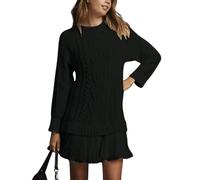 Generico Sweater Dress with Skirt, Women Cable Knit Sweater Dress Crewneck Long Sleeve Pleated Mini Dress (Black,3XL)