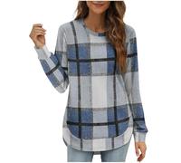 Generico Sweatshirt a Color Block e Quadri Loose per Donna - Colletto Rotondo Maniche Lunghe, Top Autunno Tallone Asimmetrico, Camicia con Tallone Curvo, comfortevole e Trendy(Sky Blue, L)