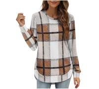 Generico Sweatshirt a Color Block e Quadri Loose per Donna - Colletto Rotondo Maniche Lunghe, Top Autunno Tallone Asimmetrico, Camicia con Tallone Curvo, comfortevole e Trendy(Khaki, XXL)