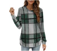 Generico Sweatshirt a Color Block e Quadri Loose per Donna - Colletto Rotondo Maniche Lunghe, Top Autunno Tallone Asimmetrico, Camicia con Tallone Curvo, comfortevole e Trendy(Green, M)