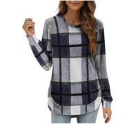 Generico Sweatshirt a Color Block e Quadri Loose per Donna - Colletto Rotondo Maniche Lunghe, Top Autunno Tallone Asimmetrico, Camicia con Tallone Curvo, comfortevole e Trendy(Navy, XL)