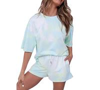 Generico T-Shirt con Scollo a V a Maniche Corte a Maniche Corte di Colore Estivo da Donna e Tuta con Pantaloncini per Il Tempo Libero Set Mare (Green, M)