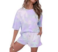 Generico T-Shirt con Scollo a V a Maniche Corte a Maniche Corte di Colore Estivo da Donna e Tuta con Pantaloncini per Il Tempo Libero Set Mare (Purple, M)