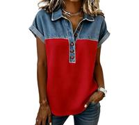 Generico T-Shirt da Donna a Maniche Corte in Denim Patchwork, Bluse con Scollo a V e Revers a Blocchi di Colore, Bluse Western, Top Vintage Effetto Jeans. (Red,M)