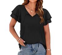 Generico T-Shirt da Donna con Collo a V Casual Laminato Maniche Corte Summer Tops Loose Fit (Black,L)