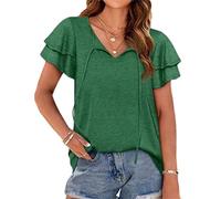 Generico T-Shirt da Donna con Collo a V Casual Laminato Maniche Corte Summer Tops Loose Fit (Green,S)