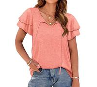 Generico T-Shirt da Donna con Collo a V Casual Laminato Maniche Corte Summer Tops Loose Fit (Pink,XXL)