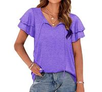 Generico T-Shirt da Donna con Collo a V Casual Laminato Maniche Corte Summer Tops Loose Fit (Purple,S)