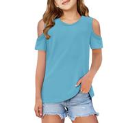 Generico T-Shirt da Ragazza a Girocollo Maglietta con Scollo Rotondo Bambini Estate Scollatura Sgualcita Estiva, Elegante, Leggera per Grandi Perfetto la Stampa 4-13 Anni