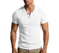 Generico T-Shirt da Uomo in Cotone e Lino con Scollo a V, Maniche Corte, vestibilità Slim e Giovanile, Tinta Unita, con Due Bottoni